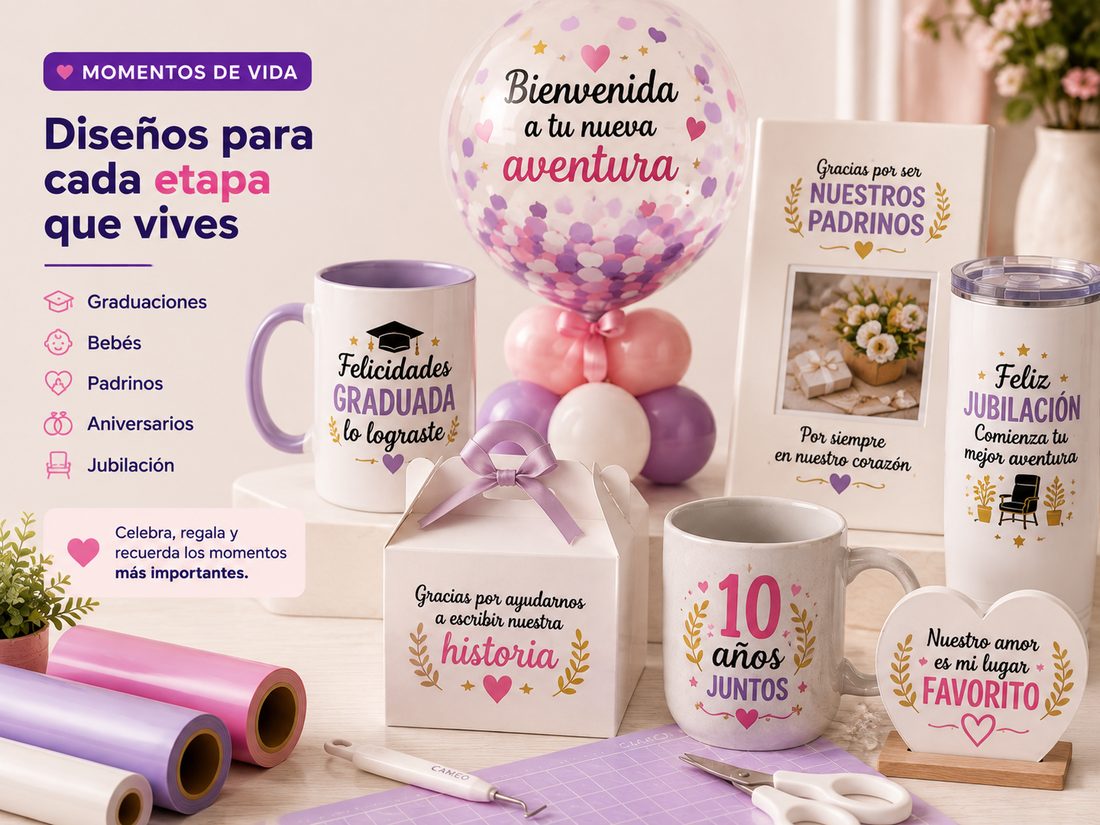 Ejemplo de diseños para Momentos de vida: Aniversarios, Graduaciones, Padrinos y Bebés, Revelación de Género, Jubilación, XV Años